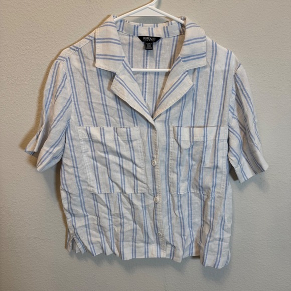 Buffalo David Bitton Linen Blend Striped Short Sleeve Button Down Shirt - Picture 1 of 6